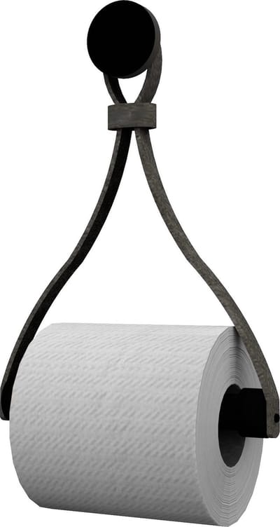 Leren toiletrolhouder 'Triangle' - met Zuignap én schroef - Handles and more® | VINTAGE GREY - roldrager: Zwart rondhout - knop: Zwart