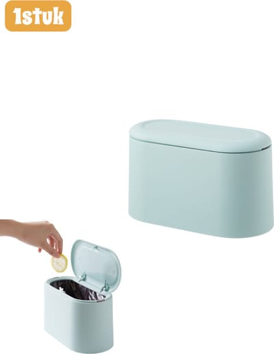 1stuk - Mini-prullenbak - Afvalbak met drukbodem voor op het bureau - Dubbellaags ontwerp - Papierbak met veerdeksel - Glanzende minimalistische opbergbak - Voor gebruik op kantoor en thuis - Lichtblauw