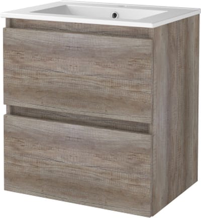 Basic Start 46 badmeubelset met greeploze wastafelonderkast met 2 lades en porseleinen wastafel met 1 kraangat 60 x 46 cm, scotch oak