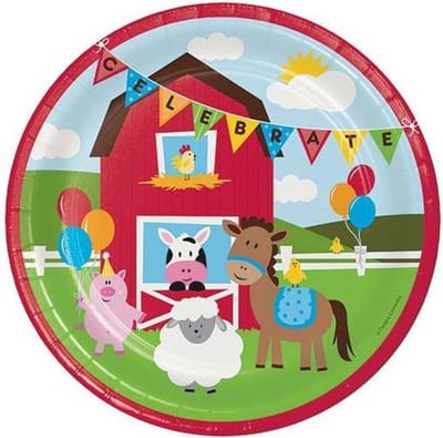 KARTONNEN FEEST BORDJES BOERDERIJ FARM HOUSE - 8 papieren borden kleine boerderij 23 cm dieren - Creative Converting
