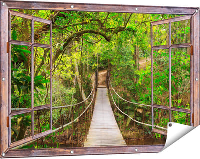 Gards Tuinposter Doorkijk Hangbrug - 120x80 cm - Tuindoek - Tuindecoratie - Wanddecoratie buiten - Tuinschilderij