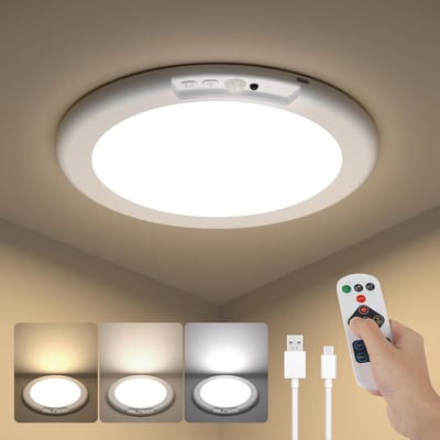 Dimbare plafondlamp met bewegingsmelder en afstandsbediening, USB-oplaadbare lamp voor binnen, ideaal voor kelder, hal en trappenhuis