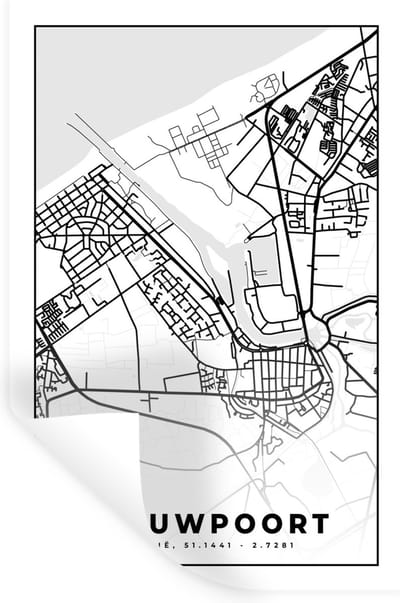 Muurstickers - Sticker Folie - Plattegrond – Nieuwpoort – Zwart Wit – Stadskaart - Kaart - België - 20x30 cm - Plakfolie - Muurstickers Kinderkamer - Zelfklevend Behang - Zelfklevend behangpapier - Stickerfolie