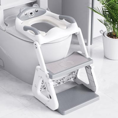 Verstelbaar Kinder Toillet Bril met Trap, Toilettrainer met Steplank, Uitgebreide Pedal en Spatbord en Waterdichte PVC Kussens, Antislip en Lichtgewicht, Grijs