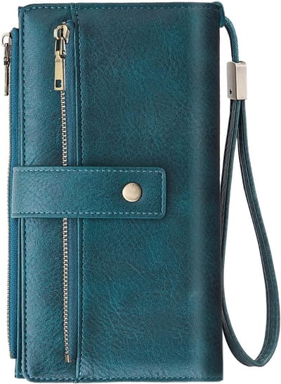 Grote Dames Portemonnee met 24 Kaartsleuven, RFID Bescherming, Vintage Lederen Tas met Rits en Verwijderbare Schouderband in Prachtig Blauw Retro Design