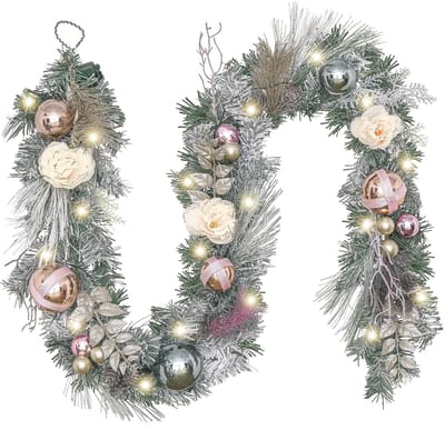 Dailygoods - Voorverlichte Kunstmatige Kerstslinger - Met Kerstballen en Witte Roos - 183cm - LED-Lampjes - Voor De Voordeur - Kunstplanten