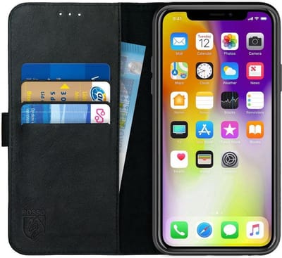 Rosso Deluxe Echt Leer Book Case Hoesje Geschikt voor Apple iPhone XS Max | Ruimte voor drie pasjes | Portemonnee Book Case | Met Pasjeshouder | Zwart