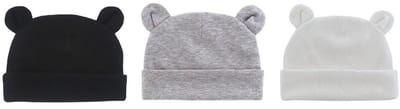 Babymutsjes Newborn met Berenoortjes - Set van 3 - 100% Katoen - 0-3 Maanden - Zwart, Grijs & Wit