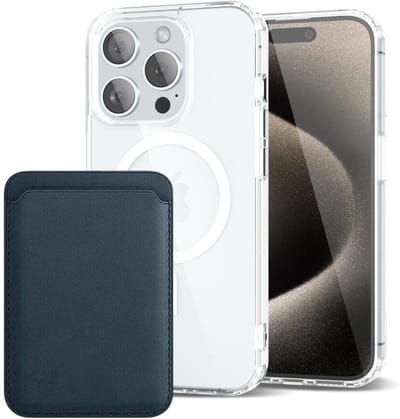Shockproof Anti Shock Back Cover Hoesje Compatibel met MagSafe Geschikt voor: Apple iPhone 15 Pro met Magnetische Pasjeshouder - Groenblauw