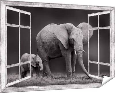 Gards Tuinposter Doorkijk Olifant Moeder en Zoon - Zwart Wit - 180x120 cm - Tuindoek - Tuindecoratie - Wanddecoratie buiten - Tuinschilderij