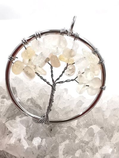 Ketting - verzilverd - L 50 cm met Edelsteen - Gele Calciet - Tree of life - hanger - Ø 3cm - Made by hand. Geeft hoop en moed te voelen.