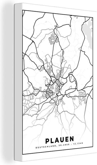 Canvas Schilderij Plauen - Plattegrond - Kaart - Stadskaart - 20x30 cm - Wanddecoratie