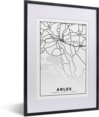 Fotolijst incl. Poster Zwart Wit- Frankrijk – Plattegrond – Stadskaart – Arles - Kaart - Zwart wit - 30x40 cm - Posterlijst