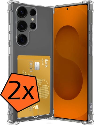 Hoes - 2 Stuks - Geschikt voor Samsung Galaxy S25 Ultra - Met Pashouder en Kaarthouder - Telefoon Hoesje Shockproof - Siliconen Case - Back Cover - Shock Proof - Pasjes Houder - Transparant