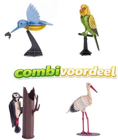 Combivoordeel modelbouw papiermodellen, IJsvogel, Ooievaar, Bonte Specht en Grasparkiet