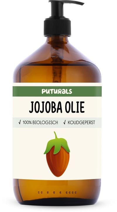 Puturals Jojoba Olie 100% Biologisch - 1000ml - Puur en Koudgeperst - Jojoba Olie als Haarolie, Huidolie en Gezichtsolie - Rijk aan Omega 9 Vetzuren en Vitamine E - Golden Jojoba Olie - Bruine Glazen Fles + Pomp