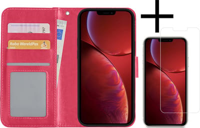 Hoesje - Met Screenprotector - Geschikt voor Apple iPhone 14 Pro - Luxe Pasjeshouder - Bookcase Portemonee - Flip Case - Kunstleer Book Case - Flipcase - Book Cover - Walletcase - Portemonneehoes - Donkerroze