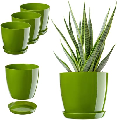 KADAX Bloempot, plantenpotset met onderschotel, plastic bloemenbak, ronde plantenpot voor binnen, bloempot voor bloemen en kamerplanten, kruidenpot (set 3: 18 cm, groen)