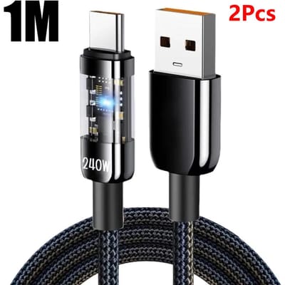 240W Supersnelle Oplaadkabel USB C Interface Nylon Gevlochten Transparant Type C Hoge-snelheid Oplaaddraad Snel Opladen Data Kabel 1m-2pcs