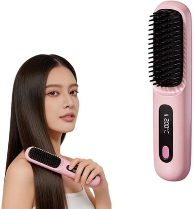 Set van 1 stuk - Stijltangkam - Draagbare mini-ionische stijltang - Type-C-aansluiting - Reisstijltangkam - Drie temperatuurstanden - Geschikt voor kort haar, krullend haar, pony en snelle styling - 20*4,5*3 cm - Roze