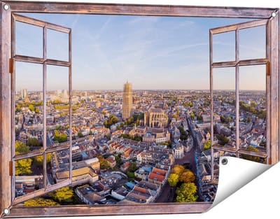 Gards Tuinposter Doorkijk Utrecht vanuit de Lucht - 90x60 cm - Tuindoek - Tuindecoratie - Wanddecoratie buiten - Tuinschilderij