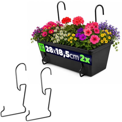Bloemenbakhouder, bloempothouder voor leuningen, balkon, terras - bloembak, binnen en buiten, plantenstandaard, plantenhouder van staal, bloembakhouder met haken - Zwart, Universele breedte KADAX
