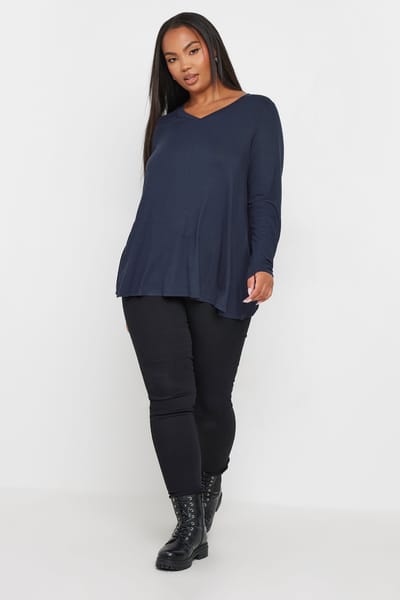 Yours Top Met Geribbelde Textuur En Vhals In Donkerblauw Size 42