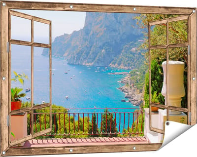 Gards Tuinposter Doorkijk Vergezicht vanaf het Terras op Bergen - 120x80 cm - Tuindoek - Tuindecoratie - Wanddecoratie buiten - Tuinschilderij