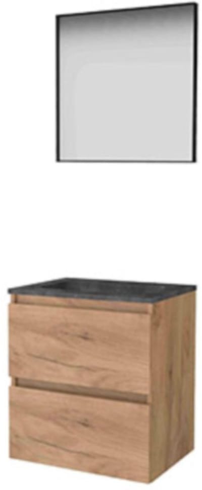 Basic-Line Framed 46 Badkamermeubelset - 60 x 46 cm - Greeploos - 2 Lades - Hardstenen Wastafel - Zonder Kraangat - Spiegel met Zwart Aluminium Frame - Whisky Oak