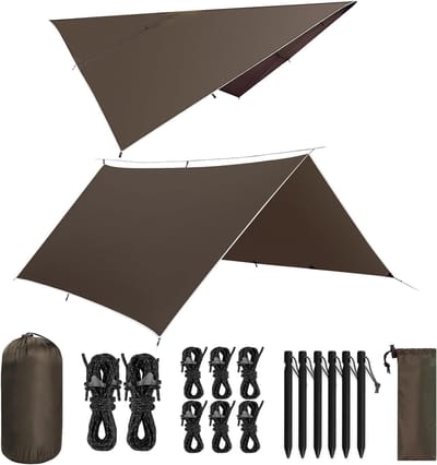 Ultralichte Waterdichte Tarp voor Camping en Hiking met UV Bescherming, 8 Windtouwen en 6 Aluminium Haringen - Ideaal voor Buitenactiviteiten en Picknicks (Donkerbruin) 3 x 3 m