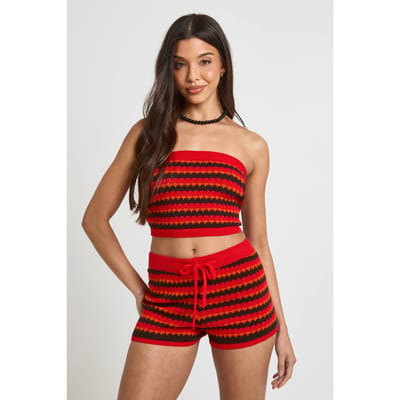 boohoo Dames Gehaakte Golfstreep Bandeau Gebreide Top En Mini Short Co-ord | Oranje | Maat: Large