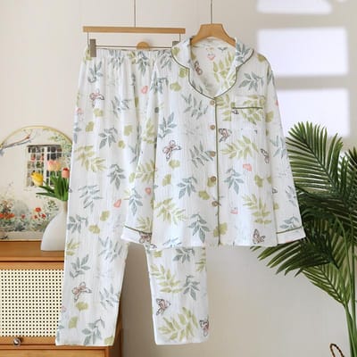 Nieuwe lente- en zomerpyjamaset voor dames, 100% katoenen crêpe, schattige liefde, lange mouwen, broek, tweedelig vest, huiskleding M gray