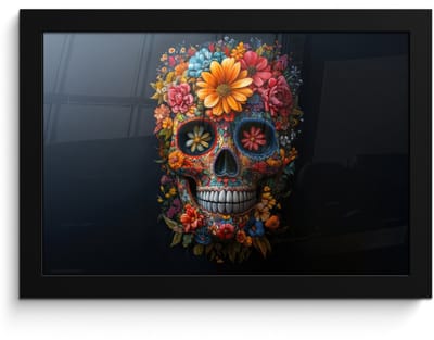 Poster in lijst - Fotolijst 30x20 cm - Posters - Bloemen - Kleurrijk - Schedel - Posterlijst zwart - Decoratie - Wanddecoratie woonkamer - Muurdecoratie slaapkamer