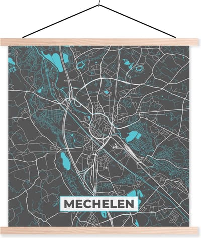 Posterhanger incl. Poster 40x40 cm - Schoolplaat - Kaart – Plattegrond – Stadskaart – Mechelen – België - Grijs - Textielposter - Blanke latten - Stadskaart