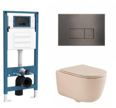 QeramiQ Dely Swirl Toiletset - inbouwreservoir Qeramiq Flush - slim zitting - metaal gunmetal bedieningsplaat - rechthoekige knoppen - beige