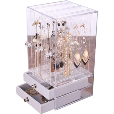 Boîte à Bijoux Acrylique Grande Capacité 2 Tiroirs Anti-poussière Organisateurs de Bijoux en Acrylique Transparent pour Chambre gray