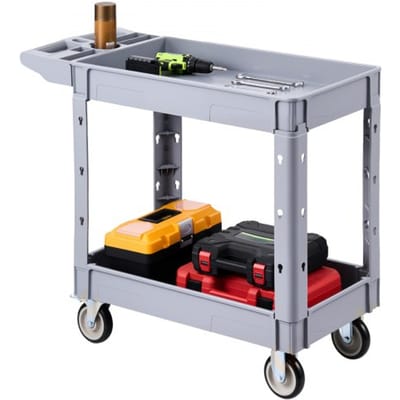 VEVOR Service Trolley Werkplaatstrolley gemaakt van PP 1010x440x845mm Grijs, Gereedschapstrolley met een draagvermogen van 250 kg, incl. 2 niveaus, 4 wielen en handgreep met opbergvak, Multifunctionele trolley voor garage, magazijn en werkplaats