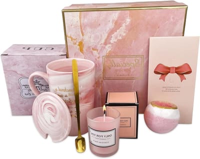 Keramische mok set - Cadeau mok - Ontspanning thuis - Met badzout en kaars - 350 ml - Roze