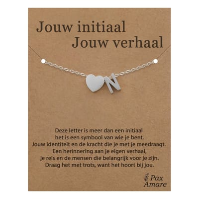 Letter N Armband op Cadeau Kaartje - Jouw initiaal, jouw verhaal - 15,5cm + 5,5cm verstelbaar Zilverkleurig Stainless Steel - Initiaal & Hartje Hanger - Pax Amare
