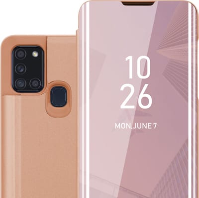 Cadorabo Hoesje geschikt voor Samsung Galaxy A21s in KUNZIET ROZE - Clear View Spiegel Beschermende Case met Tribunefunctie 360 Graden Bescherming Book Case Cover Etui