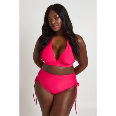 boohoo Dames Plus Buikcontrolerende Geplooid Hoge Taille Bikinibroekje | Felroze | Maat: 52