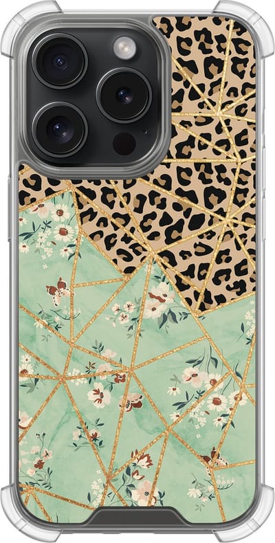 Shockproof hoesje - Geschikt voor iPhone 15 Pro - Luipaard bloemen print - Extra sterke case - TPU/polycarbonaat - Print / Illustratie - Bruin, Transparant
