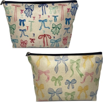 Kleurrijke Make-up Tas met Strik - Set van 2 voor Vrouwen en Meisjes, Ideaal als Verjaardagscadeau en Toilettas voor Cosmetica en Toebehoren