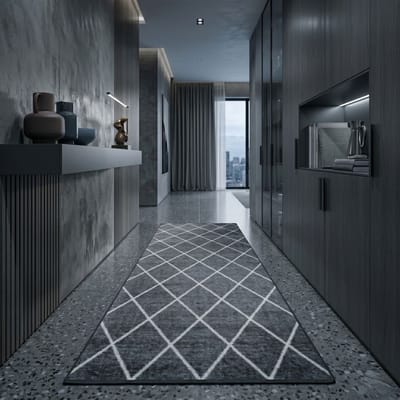 FLOORDIREKT Tapijtloper Cosenza - Op Maat - Modern Ruitdesign- Antislip - Zwart - 80 x 100 cm