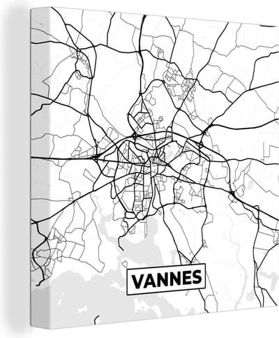 Canvas Schilderij Stadskaart - Plattegrond - Kaart - Frankrijk - Vannes - Zwart wit - 20x20 cm - Wanddecoratie