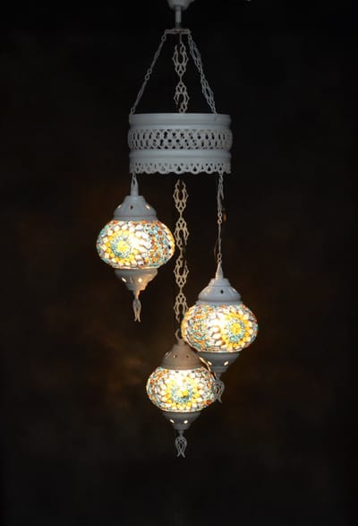 Oosterse lamp 3 glazen multicolour blauw geel bollen mozaiek kroonluchter