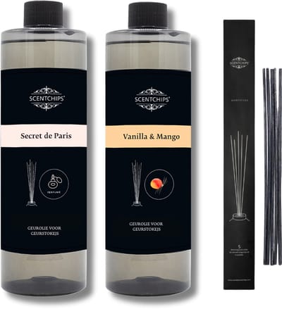 Navulling secret de paris + vanille mango + geurstokjes - Geurstokjes Navulling Set van 2 + 5 Geurstokjes - Geurverspreider - Luchtverfrisser - Huisparfum - 400ml x 2