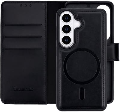 CaseMania Bookcase hoesje geschikt voor Samsung Galaxy S26 - Effen Zwart - Leer - 2-in-1 Magnetisch Uitneembaar Design - Compatible met Qi2 & MagSafe