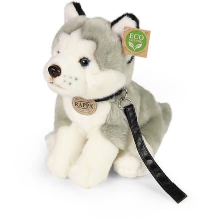 Rappa ECO knuffel Husky met riem 28 cm - realistische knuffel van recyclede PET flessen - grijs wit