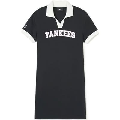 New York Yankees Bloc de Couleur Impression Lettres Décontracté Col Polo Style Collège Américain Vintage Manches Courtes Robe Robes Femme Noir 3FOPV0143-50BKS S white